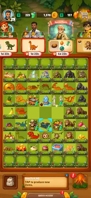Merge board filled with dinosaurs, fossils, and expedition items