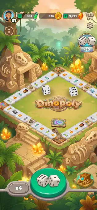 Dinopoly board with dinosaur-themed spaces and dice